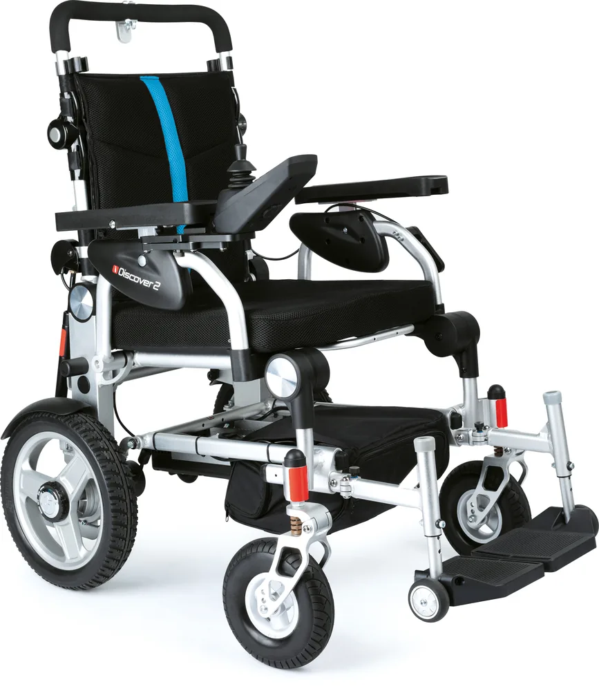 Silla de ruedas eléctrica I-Discover 2 de Wellell, vista de tres cuartos