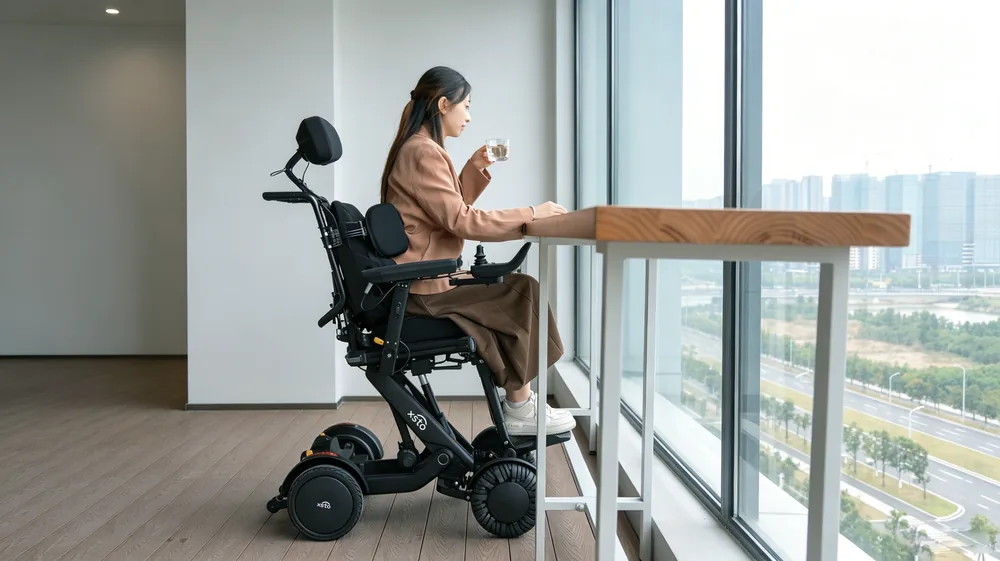 Usuaria de la silla XSTO M4 Pro con el asiento elevado ante una mesa alta